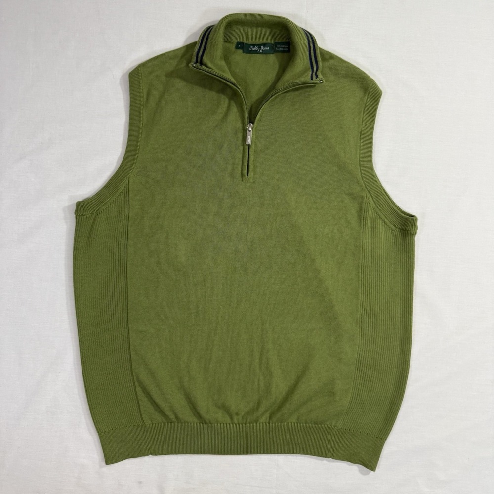 BOBBY JONES 1/4 ZIP PULLOVER SWEATER VEST GREEN MENS Sz Large 100% Cotton